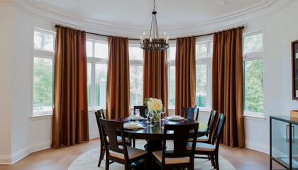 Contemporary dining room with mocha mousse accents, warm tones, and large windows offering abundant natural light.