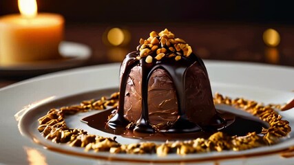 Decadent chocolate cake with rich ganache and elegant candlelight ambiance.