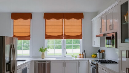 Fototapeta premium Bright kitchen featuring mocha mousse blinds, modern appliances, and a minimalist, elegant design.
