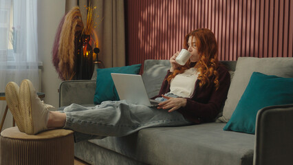 Calm relaxed woman Caucasian girl female freelancer businesswoman working at office break zone lady...