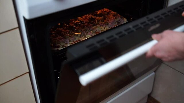 Woman's hands putting homemade pizza in the oven