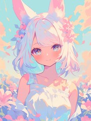 Pastel Anime Girl in a Flower Garden. Vibrant Anime Illustration.