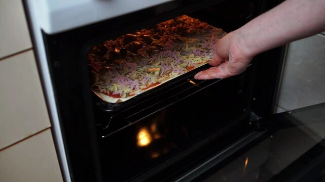 Woman's hands putting homemade pizza in the oven