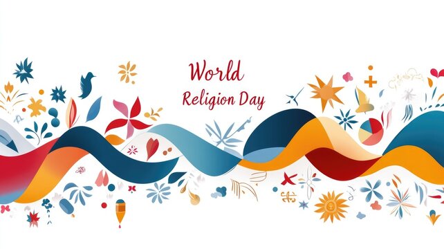 World religion day celebration: colorful waves and symbols of faith
