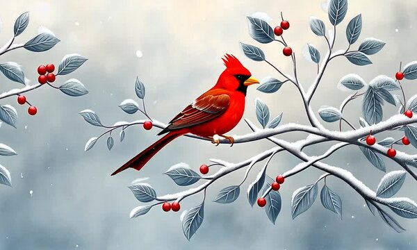 Bright red cardinal is perched on a snow covered branch eating berries on a cold winter day with snow falling around him 