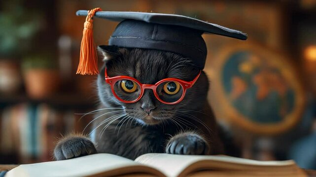 Cat Wearing Graduation Cap and Glasses Studying for Exams