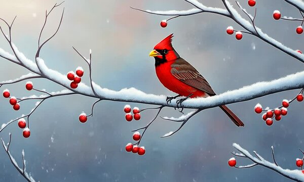 Bright red cardinal is perched on a snow covered branch eating berries on a cold winter day with snow falling around him 