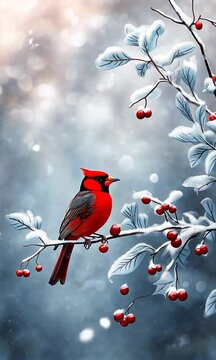Bright red cardinal is perched on a snow covered branch eating berries on a cold winter day with snow falling around him 