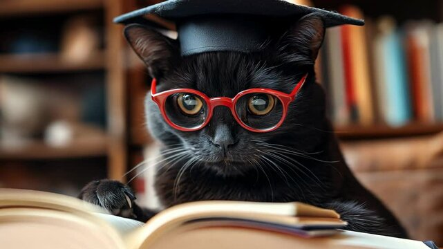 Cat Wearing Graduation Cap and Glasses Reading a Book