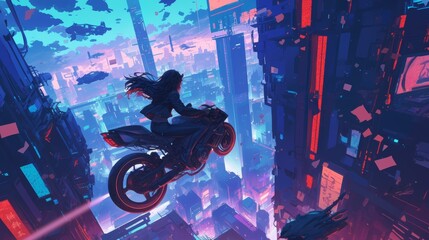 Cyberpunk Cityscape. Futuristic Motorcycle Rider Soaring Through Neon Towers. Vibrant Anime Illustration.