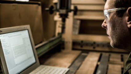 An engineer wearing safety goggles focused on a computer screen programming specifications for a precision laser ter while the machine waits in the background.