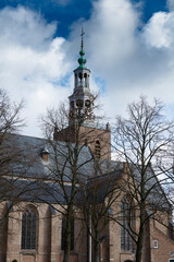 Obraz premium Exterior of a historic brick church, featuring a tall tower with a cross. Bare winter trees frame the building.