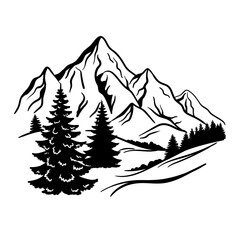 mountains and Mountains with firs, Colorless black and white graphics, Mountain forest landscape