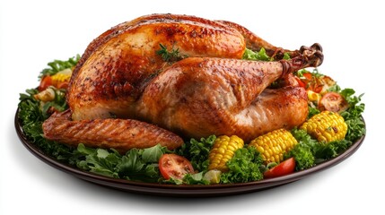 Roasted Turkey on Platter Golden-Brown Roasted Turkey with Festive Garnish, Isolated on White