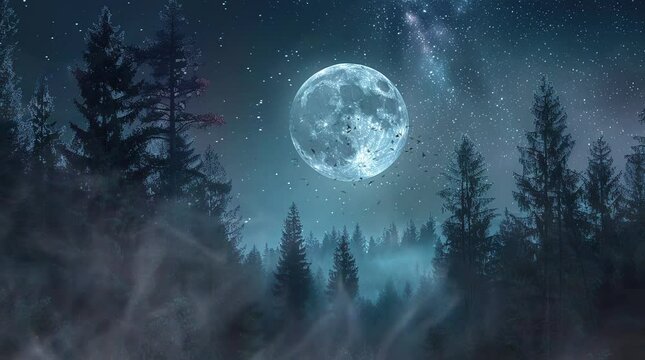 Misty forest under a glowing full moon with an eerie and magical atmosphere  
Seamless looping 4k time-lapse virtual video animation Generated AI