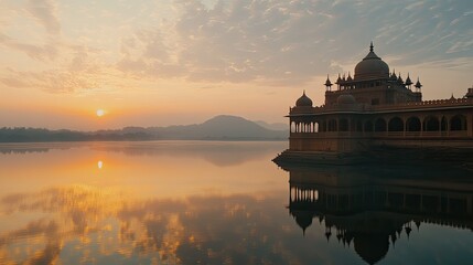Fototapeta premium Sunrise over calm lake reflecting ancient architecture.