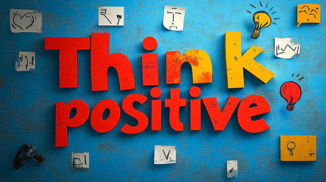 Naklejki 3D Text Banner with Think Positive Message on Blue Background with Creativity Elements