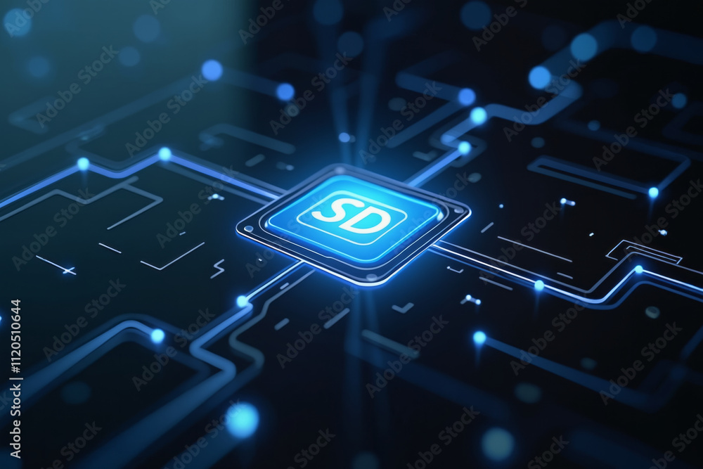 Poster a blue square chip labeled sd is centered on a circuit board, illuminated by a glowing blue light. t