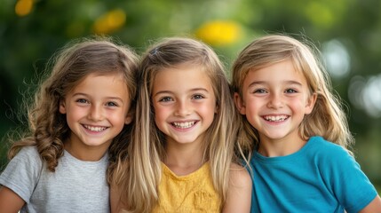 Fototapeta premium Joyful group of three girls smiling outdoors with bright sunshine and vibrant greenery in the background