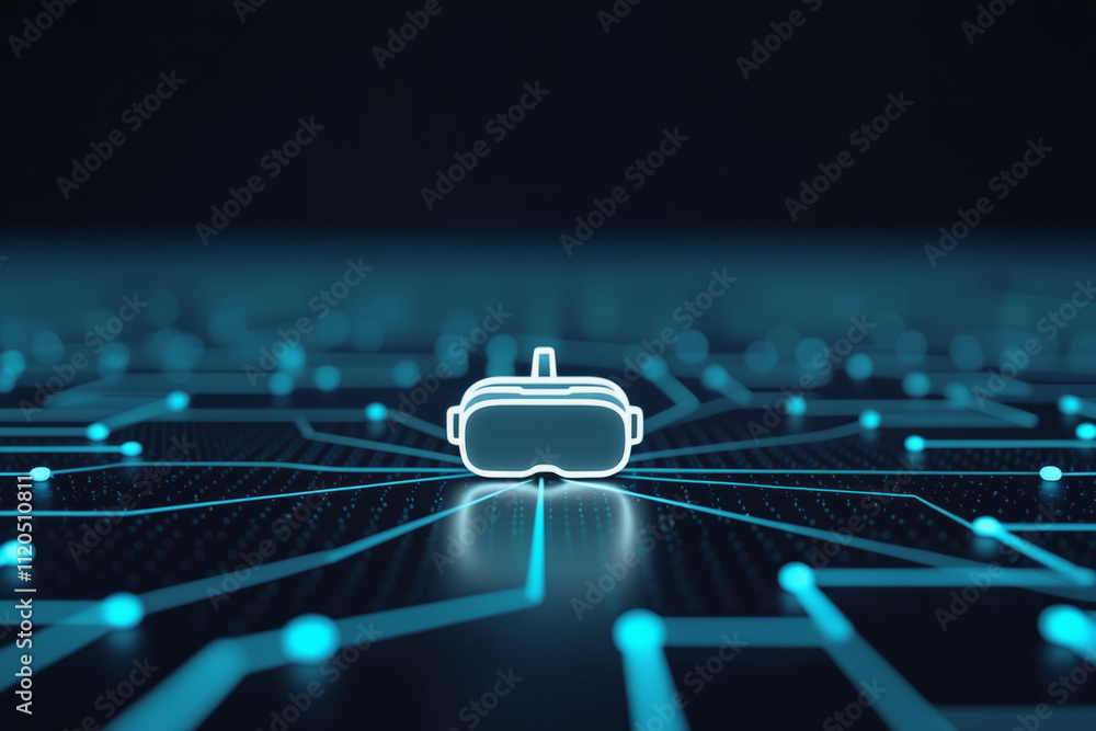 Poster virtual reality headset centered on a circuit board with a blue and black grid-like background, feat