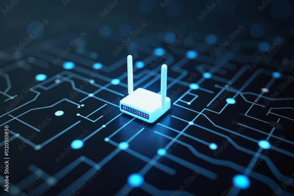 Canvas Prints white wireless router with antennas on a black circuit board. the blue dots on the circuit board and
