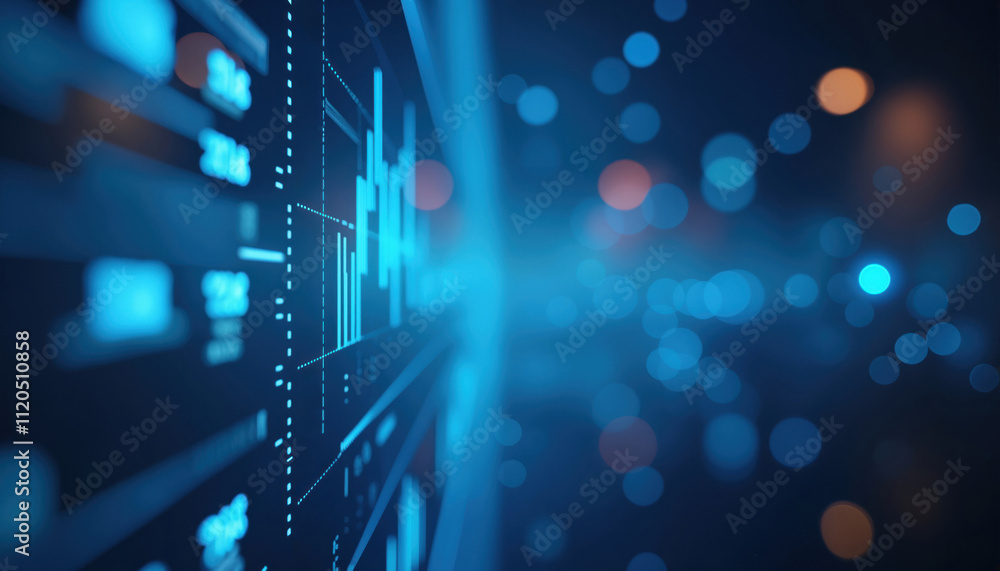 Poster close-up digital financial display: close-up of a digital financial display with glowing charts and 