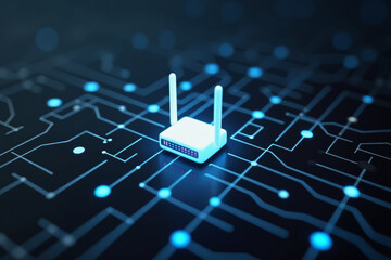 White wireless router with antennas on a black circuit board. The blue dots on the circuit board and the router’s sleek design suggest high-tech connectivity and modern wireless communication.