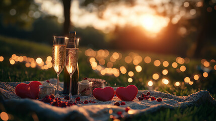 Two champagne flutes, a bottle, and red hearts sit on a blanket outdoors at sunset