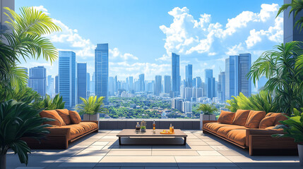 rooftop patio with brown furniture, a city view, and greenery