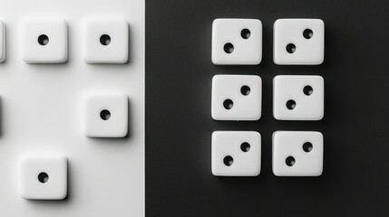 White dice arranged on contrasting black and white backgrounds.