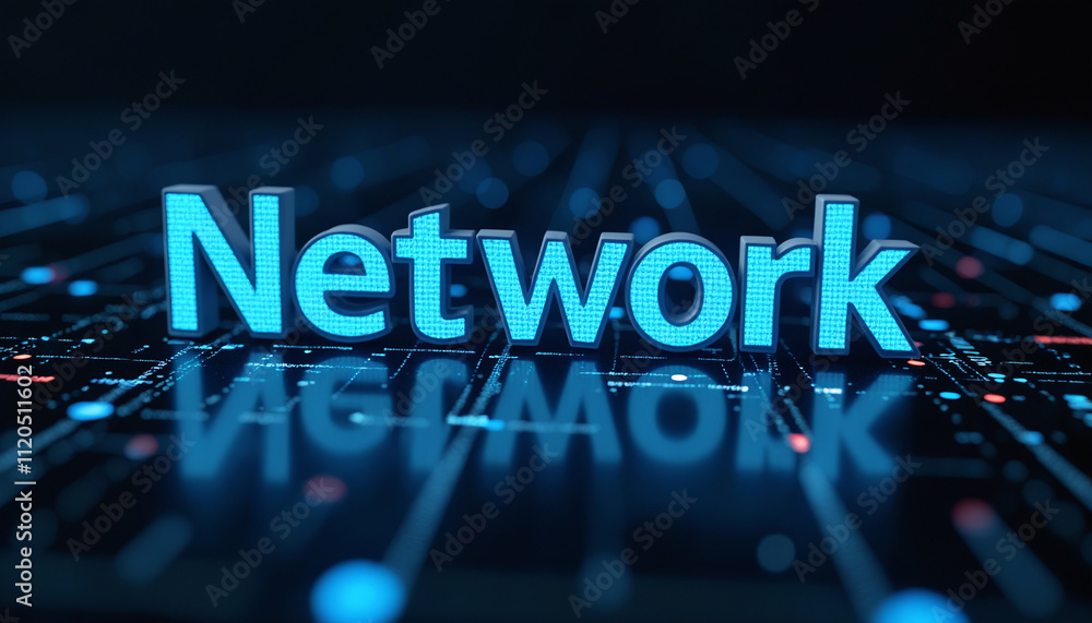 Poster network text in futuristic digital network: the word network in a sleek, connected grid, symbolizing