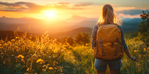 Fototapeta premium Woman Hiking at Sunrise in Scenic Nature for Enhanced Wellbeing and Outdoor Adventure