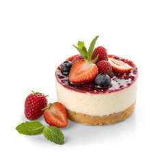 A delicious individual cheesecake with jam and red berries, isolated with transparent background and shadow