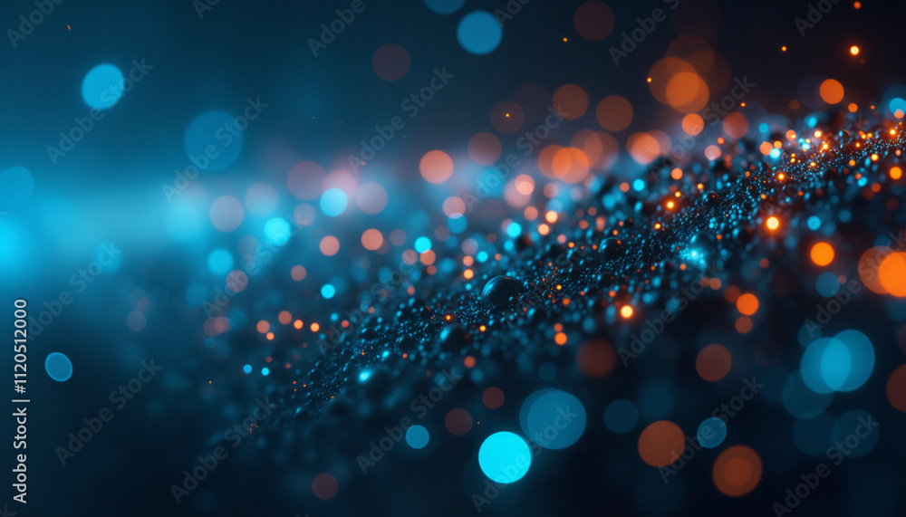 Poster a modern digital interface with a dark blue and orange color scheme featuring bokeh lights, creating