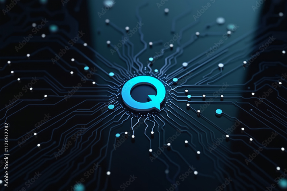 Poster a circuit board featuring the letter 'q' at its center, set against a blue and black background. the