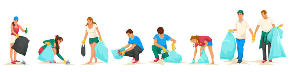 Volunteers cleaning up the environment by picking up trash, wearing gloves, holding garbage bags, on a white background. Concept of teamwork. Vector illustration.