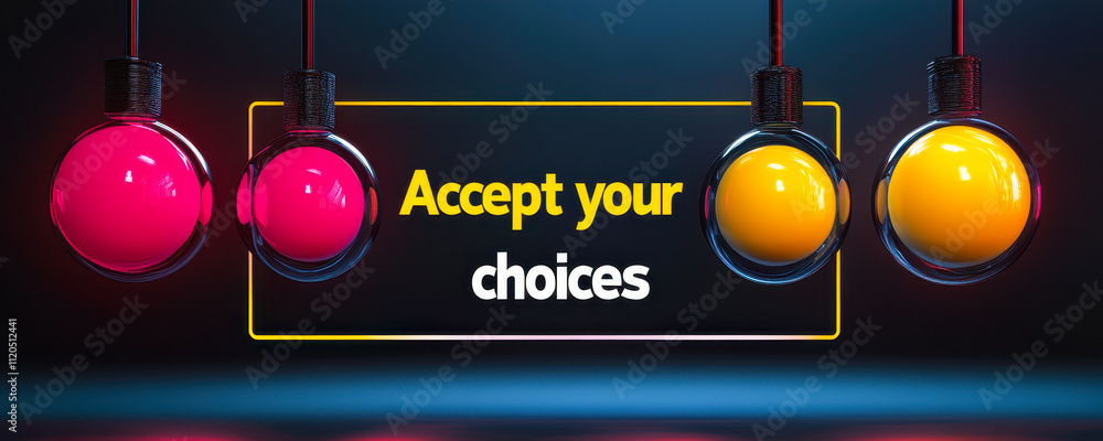 Poster inspirational 3d text banner with accept your choices message and colorful spheres