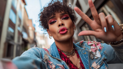 selfie portrait of young transgender smiling man. 