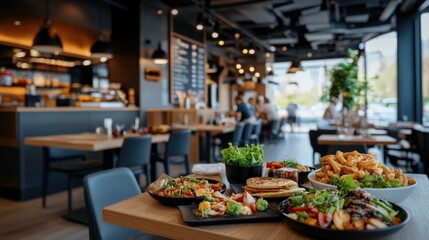 Obraz premium Modern Restaurant Interior Featuring Delicious Food Dishes on Wooden Table with Cozy Ambience and Guests