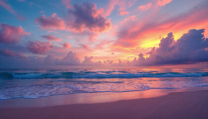 Obraz premium A peaceful sunset over the ocean, with waves gently lapping at the sandy beach.