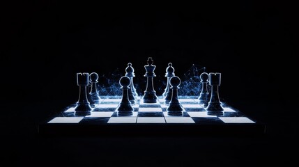 Futuristic Chessboard with Glowing Digital Chess Pieces in Dark Background