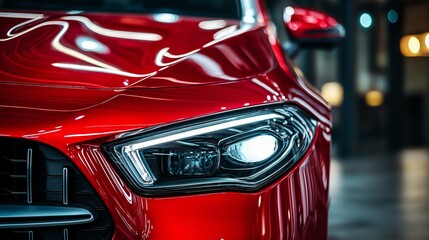 Bright red car highlights sleek design and modern features in a city setting at night