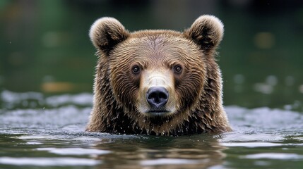 Obraz premium A magnificent brown bear emerges from the calm waters, droplets shimmering in the soft sunlight. Surrounded by nature, it showcases strength and beauty in its natural habitat