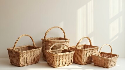 Obraz premium Minimalist Empty Wicker Shopping Baskets, Various Sizes and Shapes on Creamy White Background