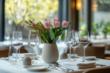 Elegant dining with fresh flowers and fine glassware in a serene setting