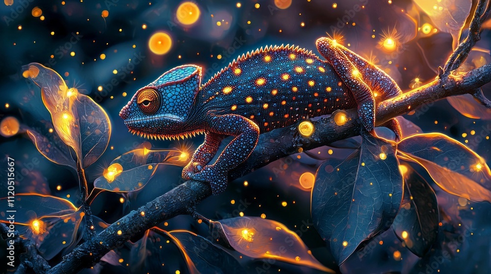 Aufkleber in a magical twilight setting, a vibrant agamidae rests on a branch, surrounded by glowing orbs of l