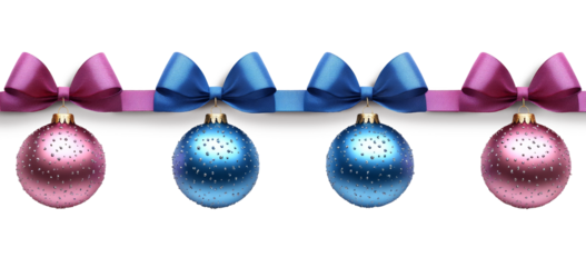 Four vibrant holiday ornaments hang from a ribbon adorned with bows, showcasing festive colors of pink and blue. Perfect for holiday celebrations and seasonal decorations.