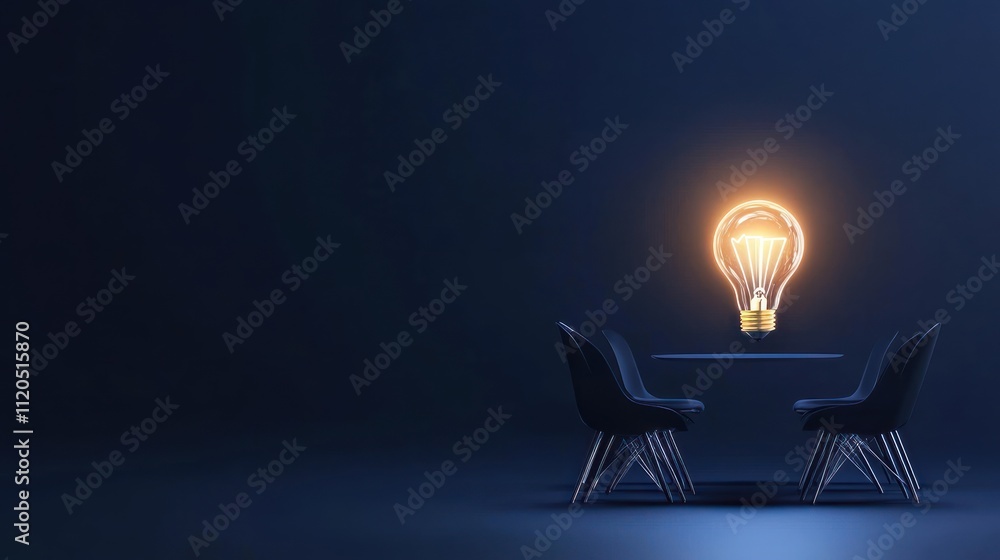 Poster a minimalist setup with a glowing light bulb over a table and chairs.