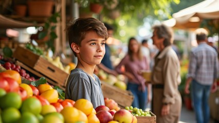 Fototapeta premium Curious Adolescent Boy at Vibrant Farmers Market Fruit Stand, A Family Shopping Day
