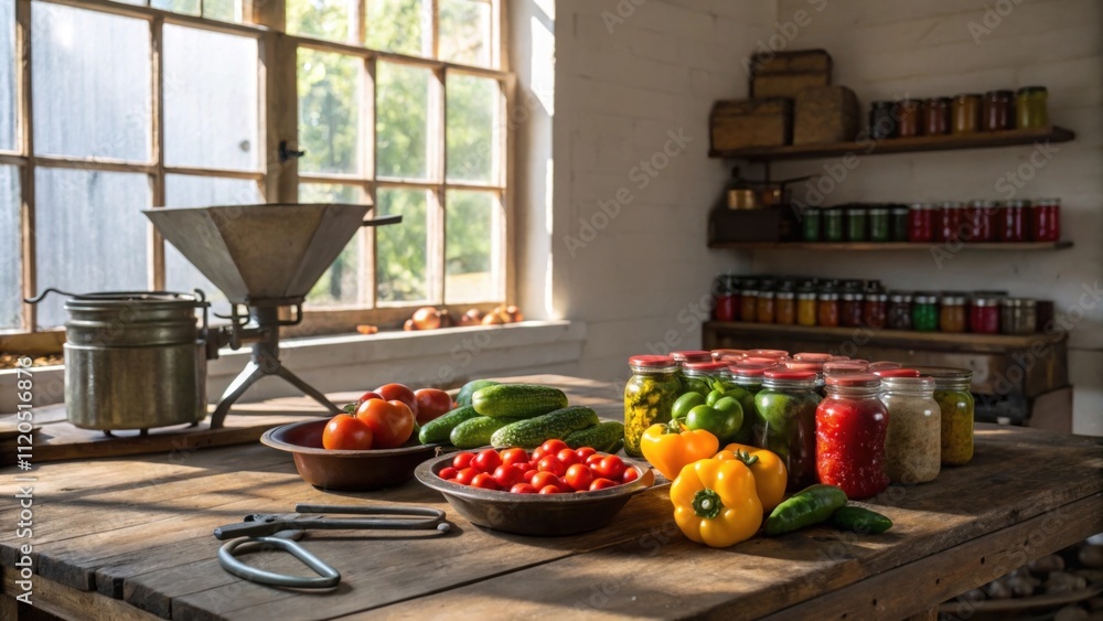 Poster a rustic wooden table set against a backdrop of large windows with sunlight streaming in casting sof
